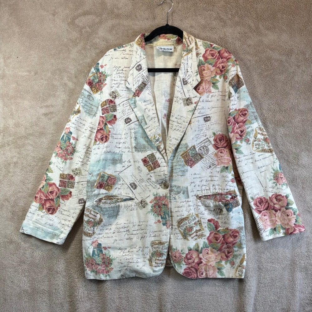 VTG Stringbean Linen Blend Blazer Jacket L Rose Floral French Country Cottage